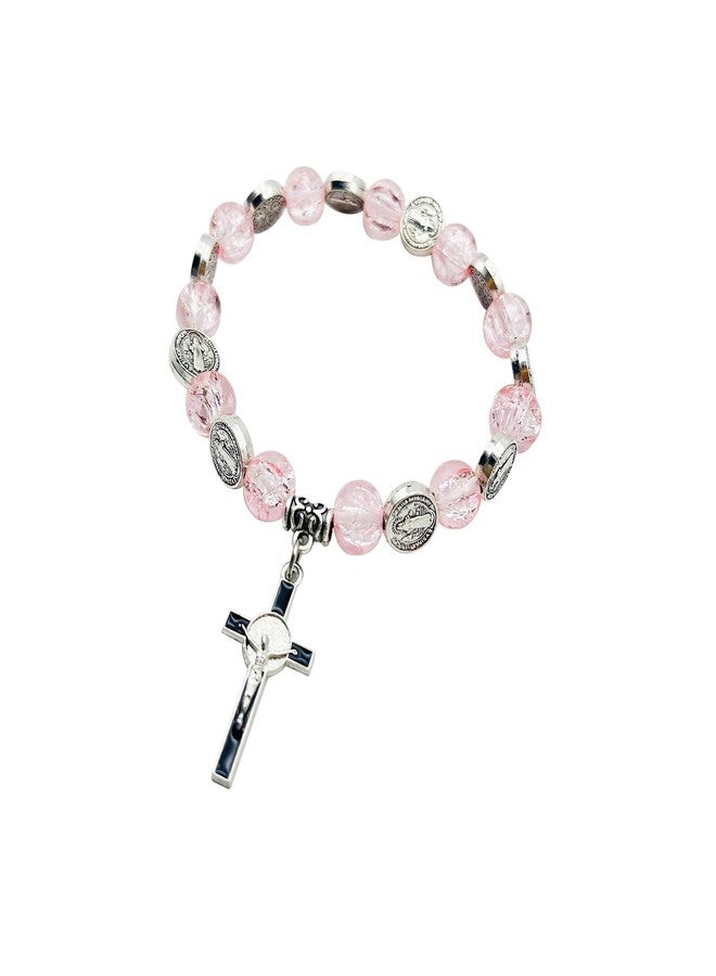 CACALOSS 8MM Blue Crystal Bracelet Jesus Cross Rosary Bracelet for Baptism Prayer Eucharist Gift (Pink) - Image 2